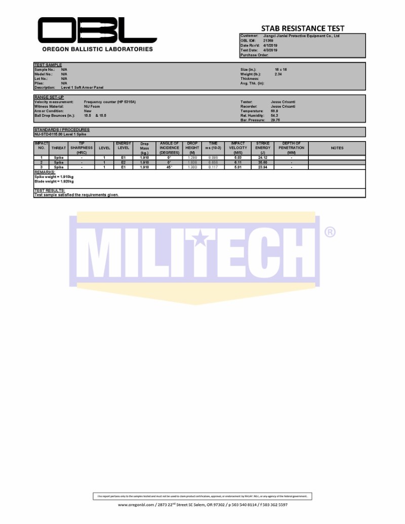 Bulletproof Vest OBL Stab Resistant NIJ Level 1 0115.00 Report 3